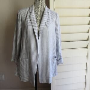 Caslon Blue White Striped Linen Blazer S Pockets Women's